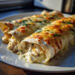 Close-up of two creamy chicken enchiladas covered in melted, browned cheese and parsley.