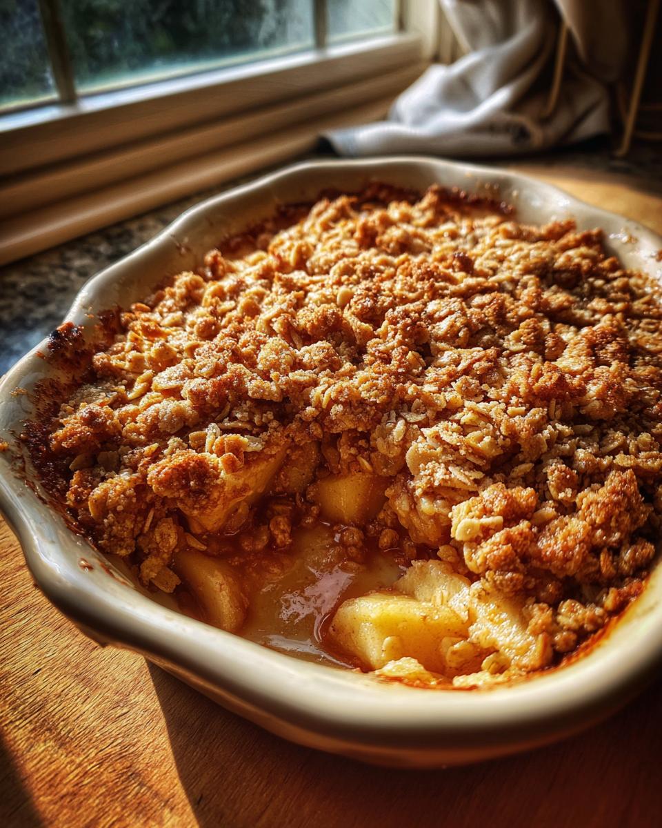 Close-up of a freshly baked apple crisp in a ceramic dish, showing bubbling fruit and a crunchy oat topping.