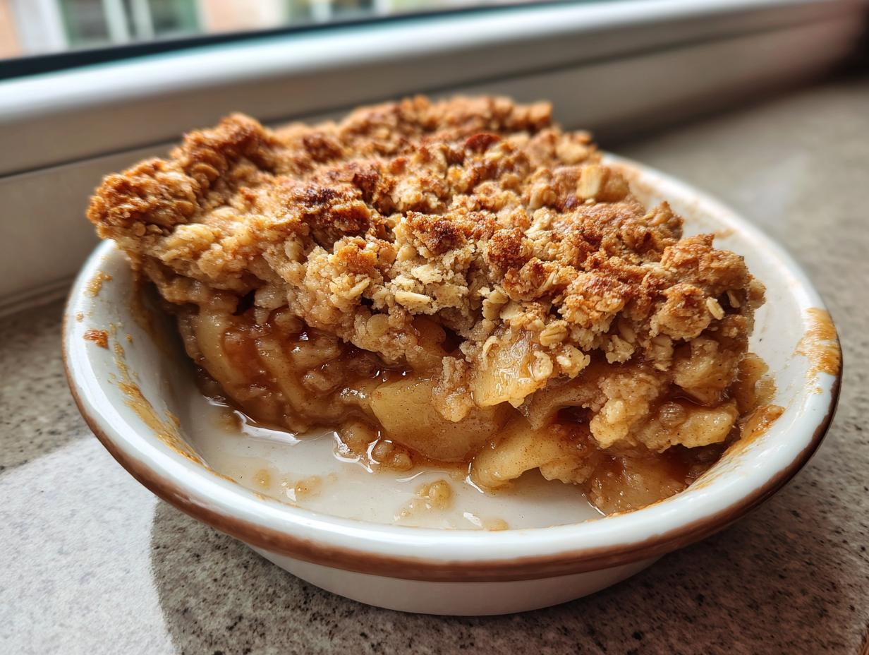Close-up of a serving of amazing apple crisp showing the bubbly, saucy filling and crunchy oat topping.