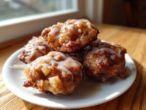 A stack of four golden brown, deep-fried apple fritter pieces drizzled with white glaze, sitting on a small white plate.