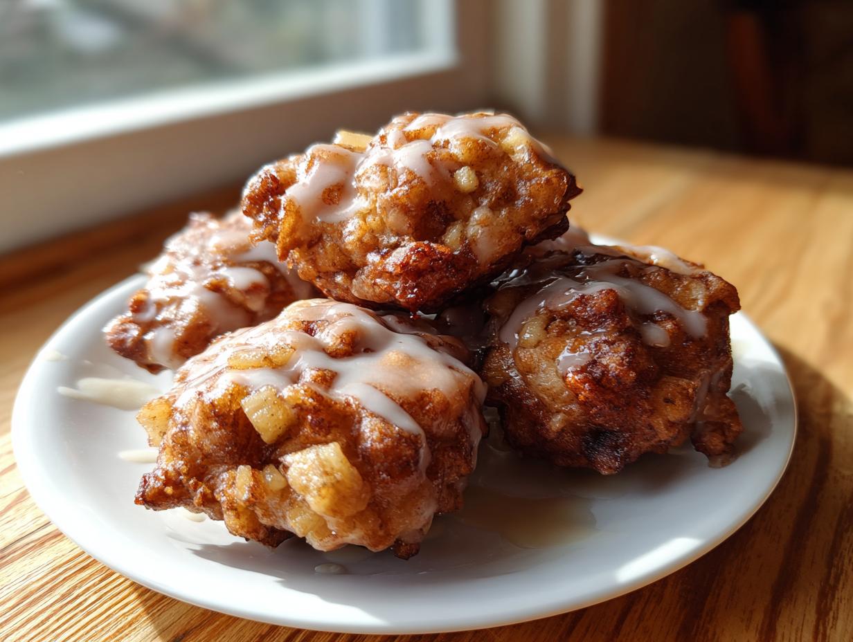 A stack of four golden brown, deep-fried apple fritter pieces drizzled with white glaze, sitting on a small white plate.