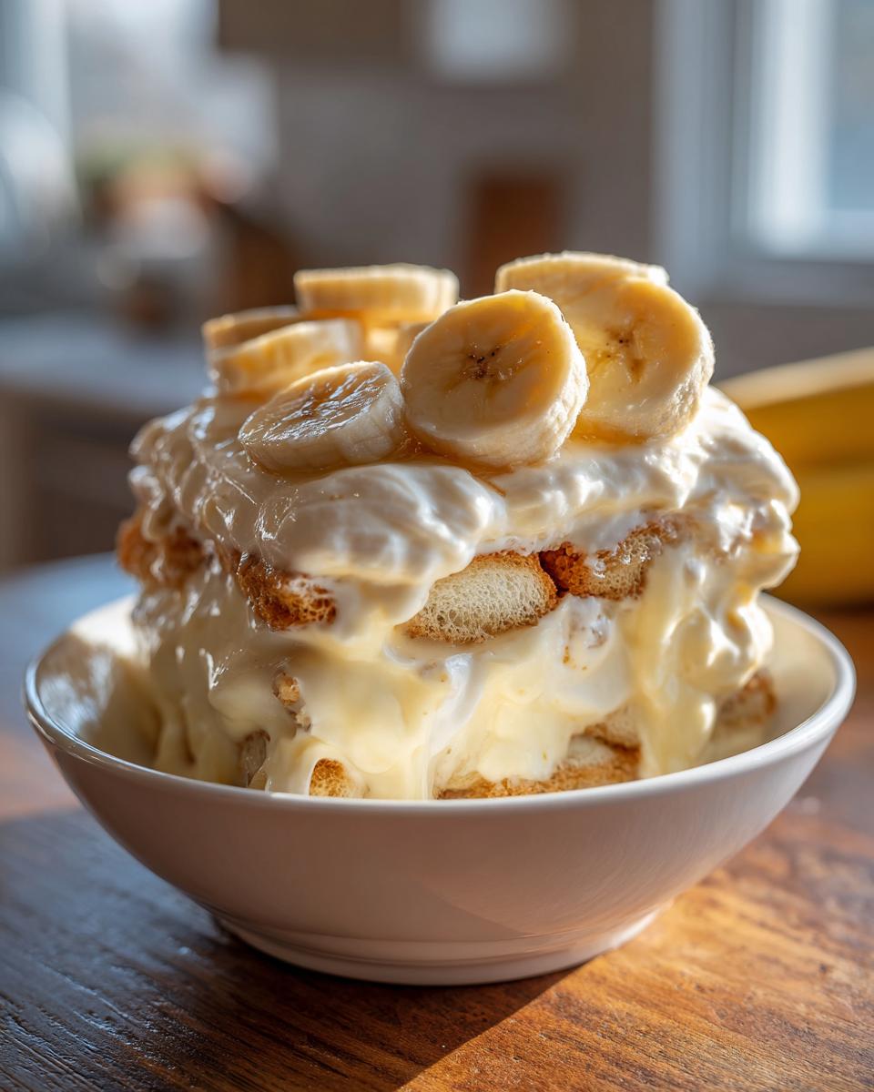 A tall serving of creamy banana pudding layered with wafers and topped with fresh banana slices in a white bowl.