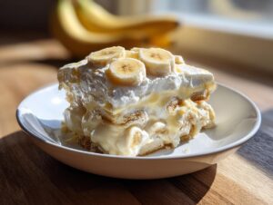 A generous serving of layered banana pudding topped with whipped cream and fresh banana slices.