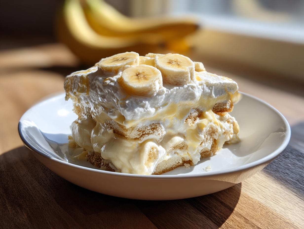 A generous serving of layered banana pudding topped with whipped cream and fresh banana slices.