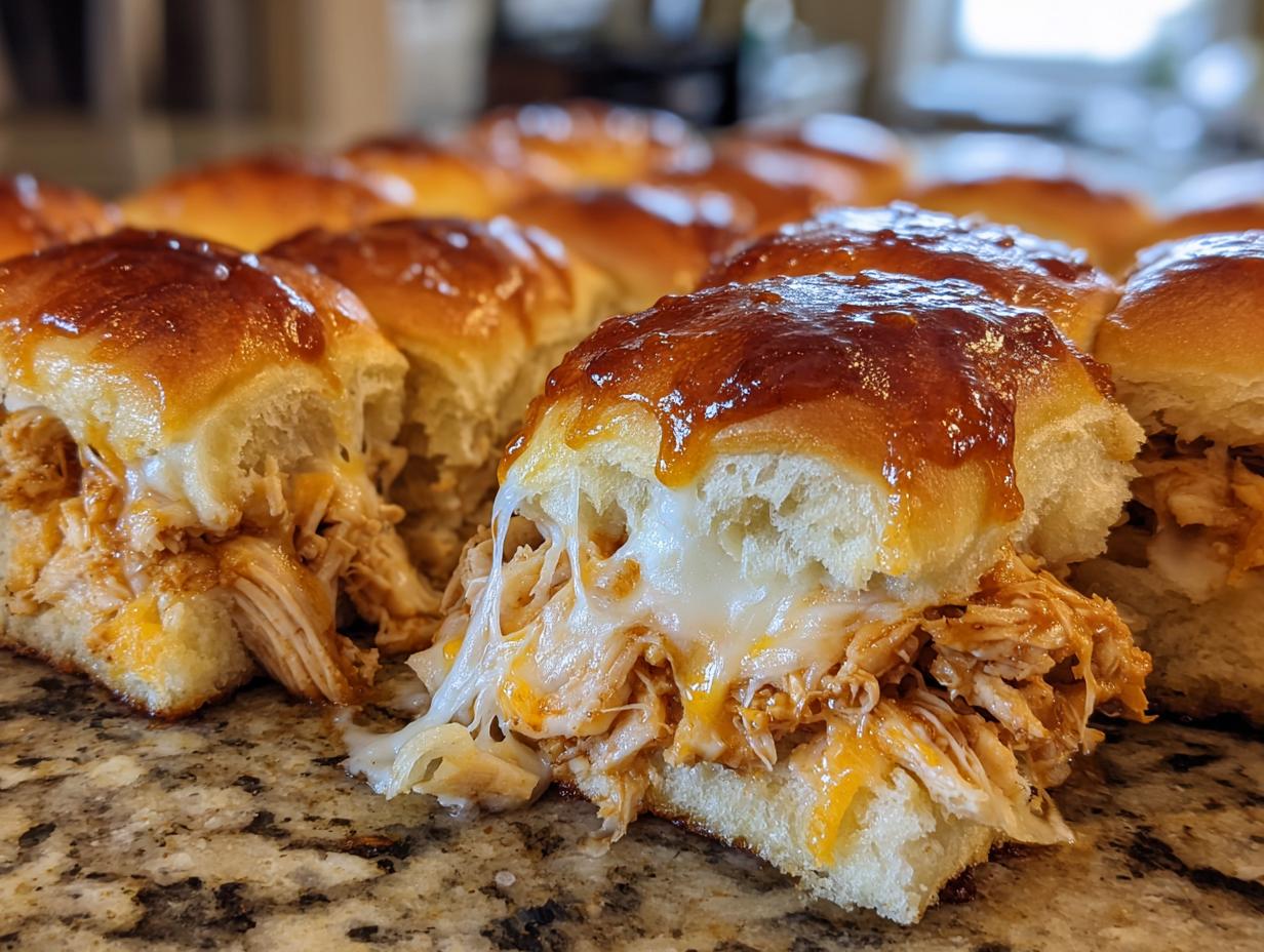 Close-up of cheesy, saucy bbq chicken sliders with shiny, glazed tops on a granite counter.