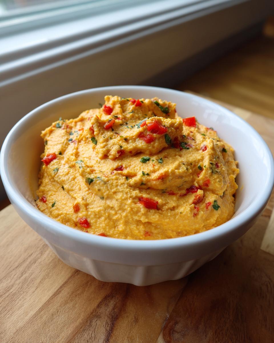 A white bowl filled with thick, orange boat dip mixed with visible red pepper pieces and herbs.