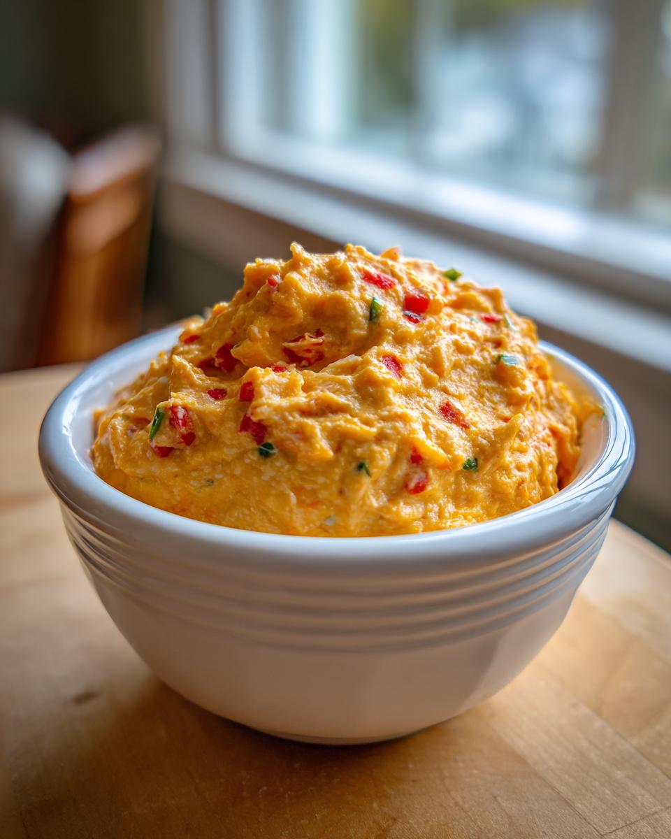 Close-up of a creamy, orange-colored boat dip mixed with red peppers in a white bowl.