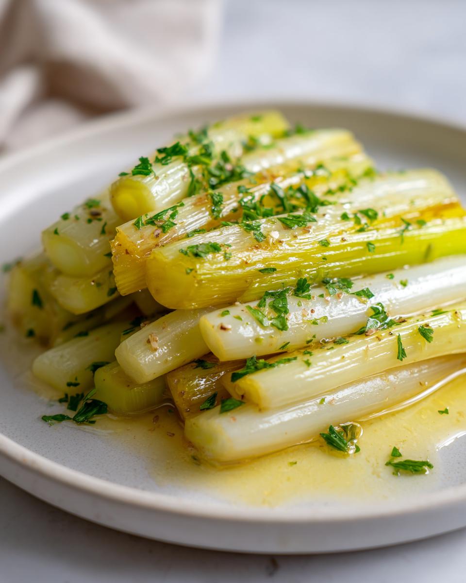 A close-up of tender, glossy braised leeks served on a plate with butter sauce and fresh parsley.