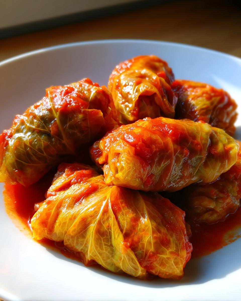 A close-up of five hearty cabbage rolls smothered in a rich, bright red tomato sauce, served on a white plate.