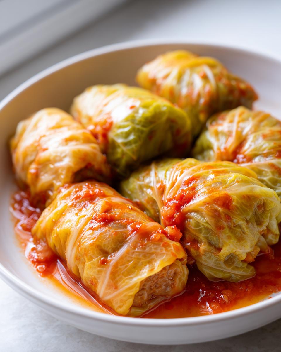 A white bowl filled with several homemade cabbage rolls simmering in a rich tomato sauce.