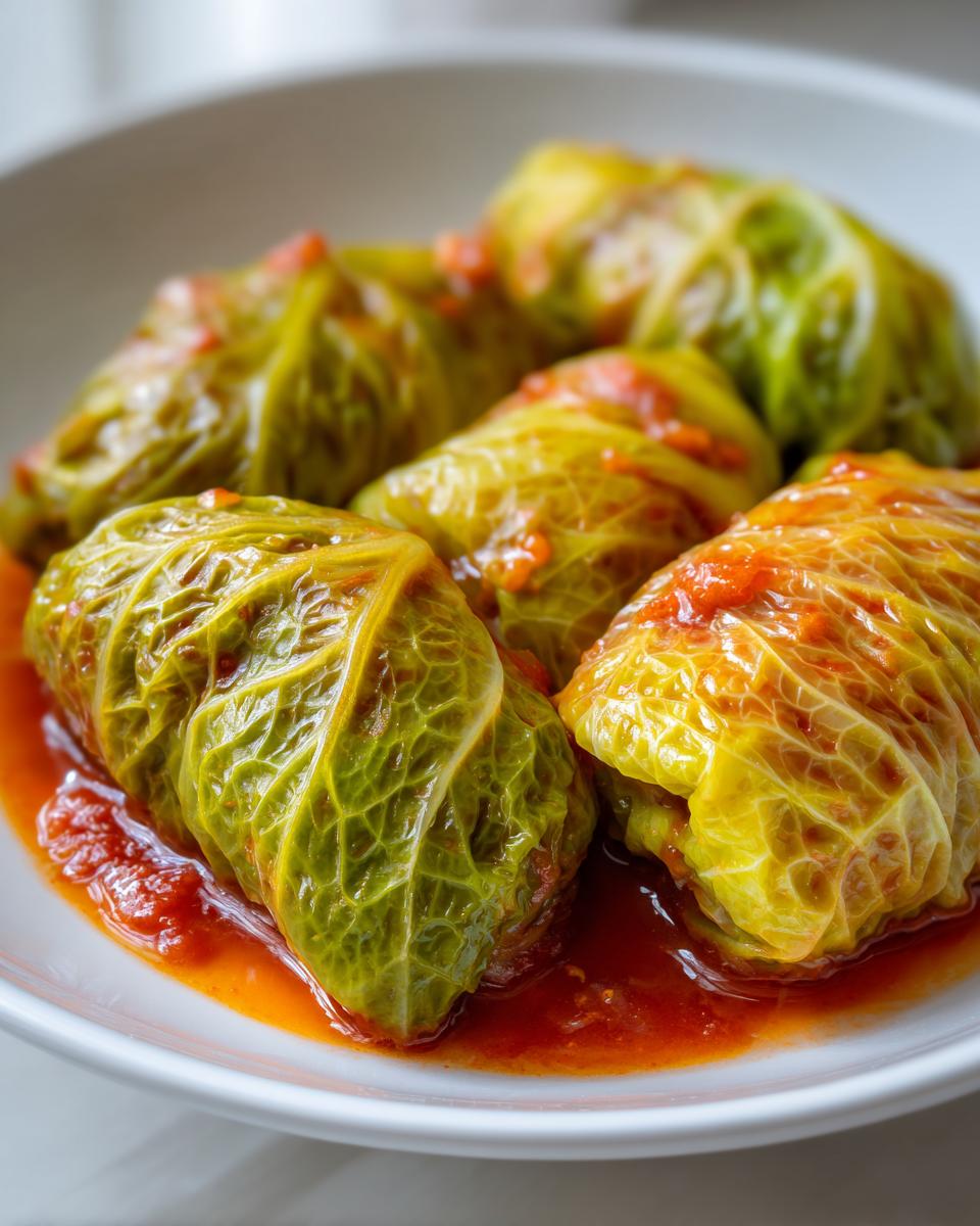 Close-up of several savory cabbage rolls simmered in a rich, bright red tomato sauce on a white plate.