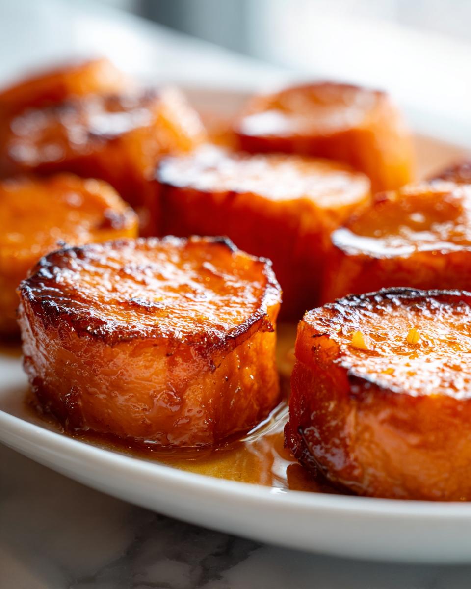 Close-up of thick-cut, perfectly caramelized candied sweet potatoes glistening in a sweet glaze.