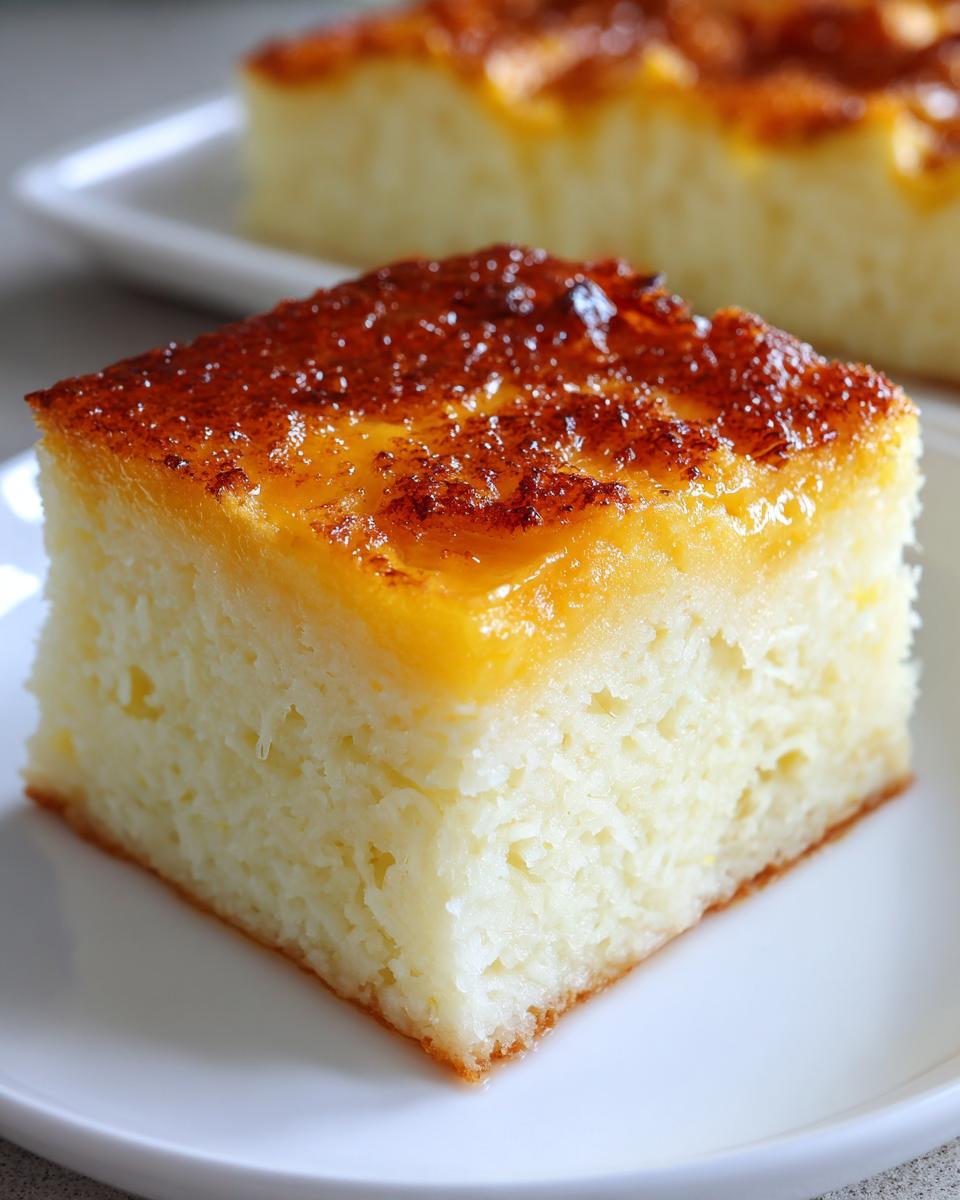 Close-up of a square slice of moist cassava cake topped with a caramelized, glossy yellow glaze.