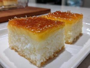 Two square slices of moist cassava cake with a thick, glossy, caramelized topping served on a white plate.