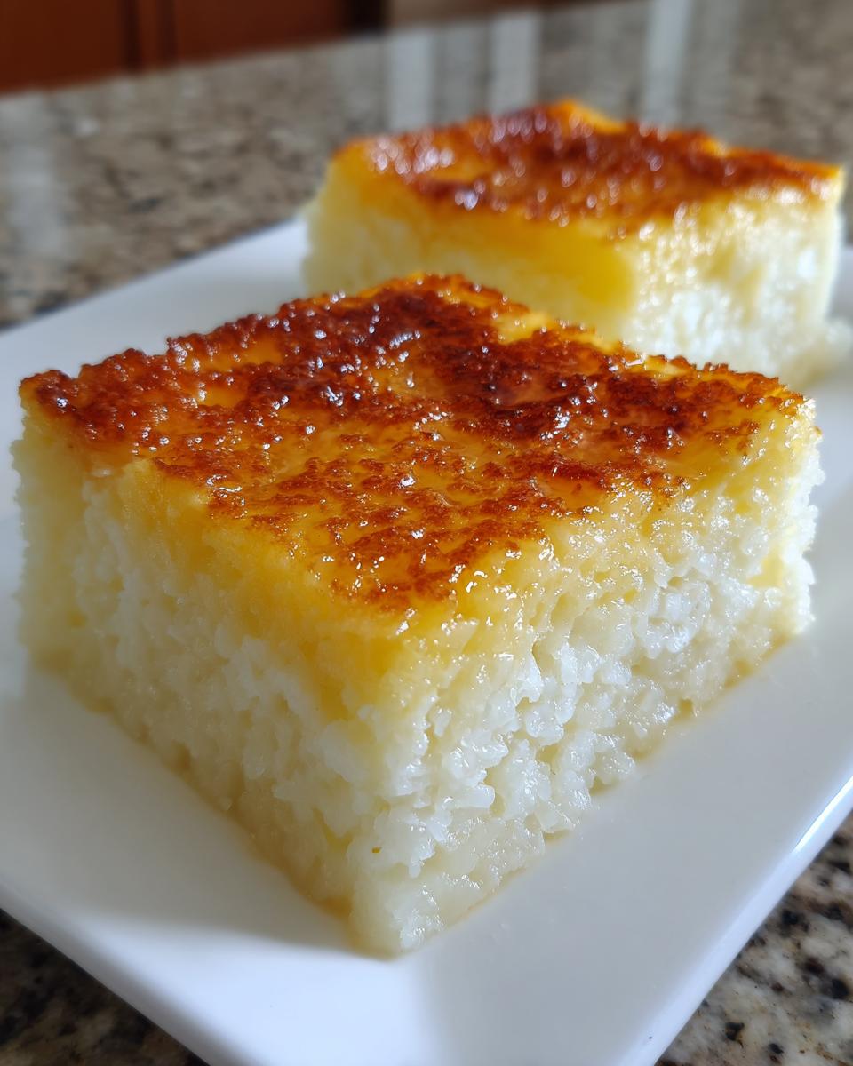 Two squares of moist cassava cake with a beautifully caramelized, golden-brown top served on a white plate.