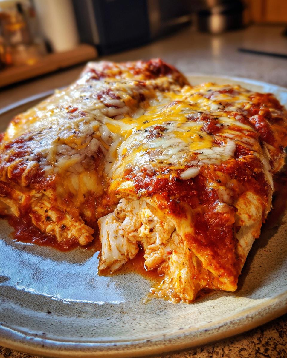 Close-up of two cheesy cheese enchiladas covered in rich red sauce and melted white and yellow cheese.