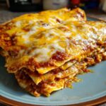 Close-up of stacked, saucy cheese enchiladas smothered in melted white and yellow cheese.