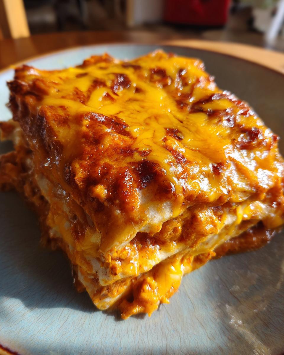 Close-up of a layered slice of amazing cheese enchiladas covered in bubbling, melted orange cheddar cheese.