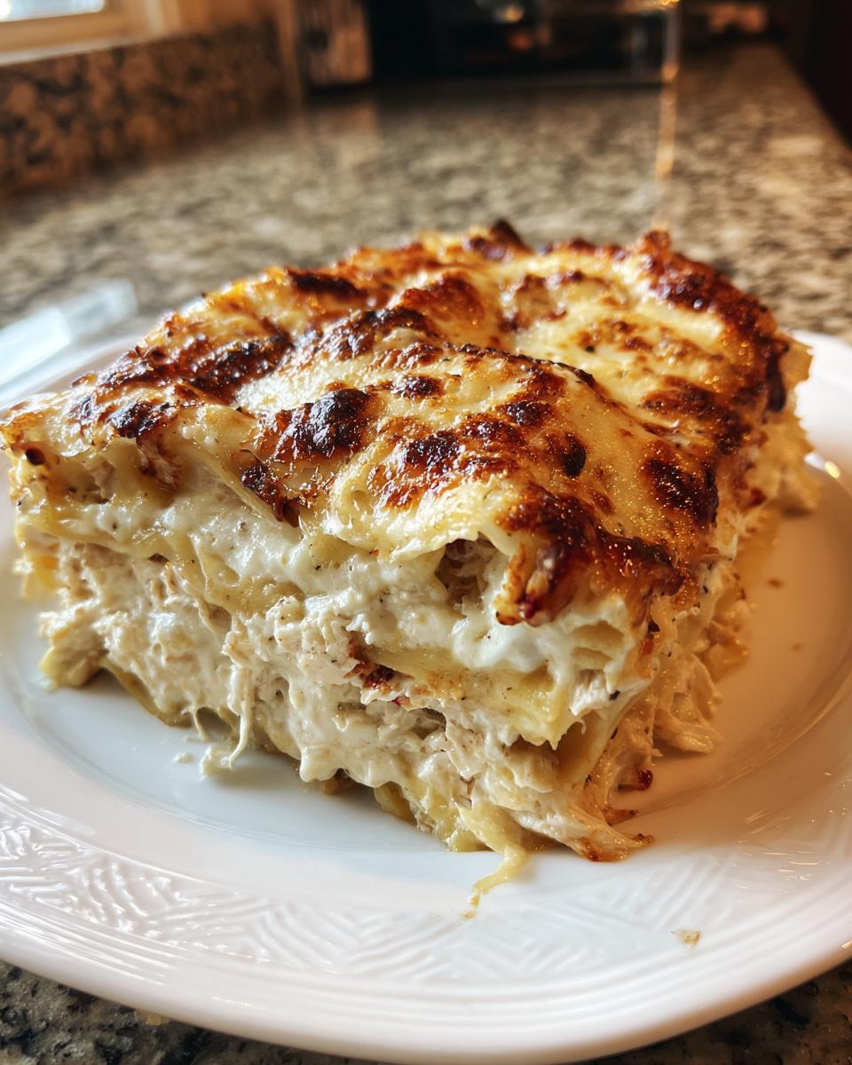 A generous slice of amazing chicken alfredo lasagna showing creamy filling and a bubbly, browned cheese top.