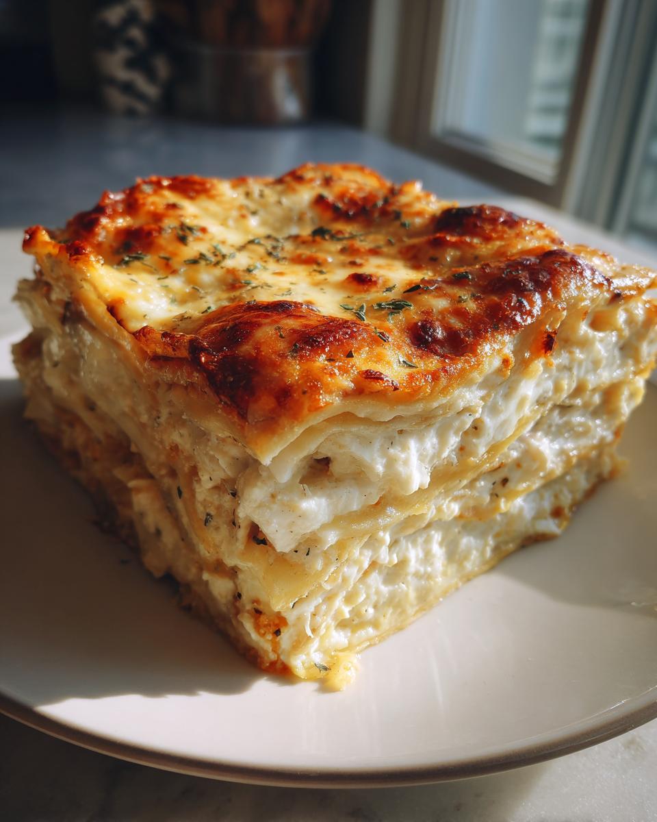 A thick, layered slice of amazing chicken alfredo lasagna with a golden-brown, cheesy top.