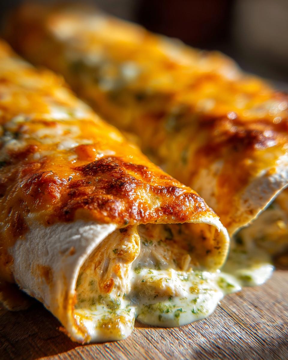 Close-up of two baked chicken enchiladas covered in melted, browned cheese with creamy green sauce oozing out.