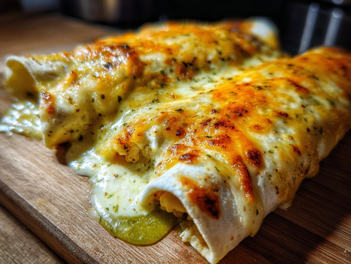 Close-up of two baked chicken enchiladas covered in melted, golden-brown cheese and herbs on a wooden board.
