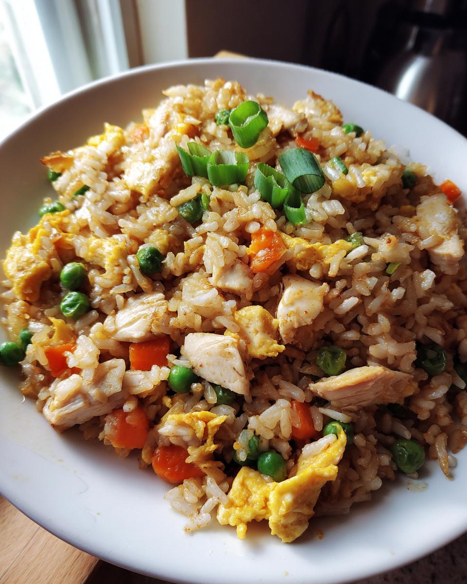 Close-up of a white bowl filled with delicious chicken fried rice, mixed with scrambled egg, peas, carrots, and topped with green onions.