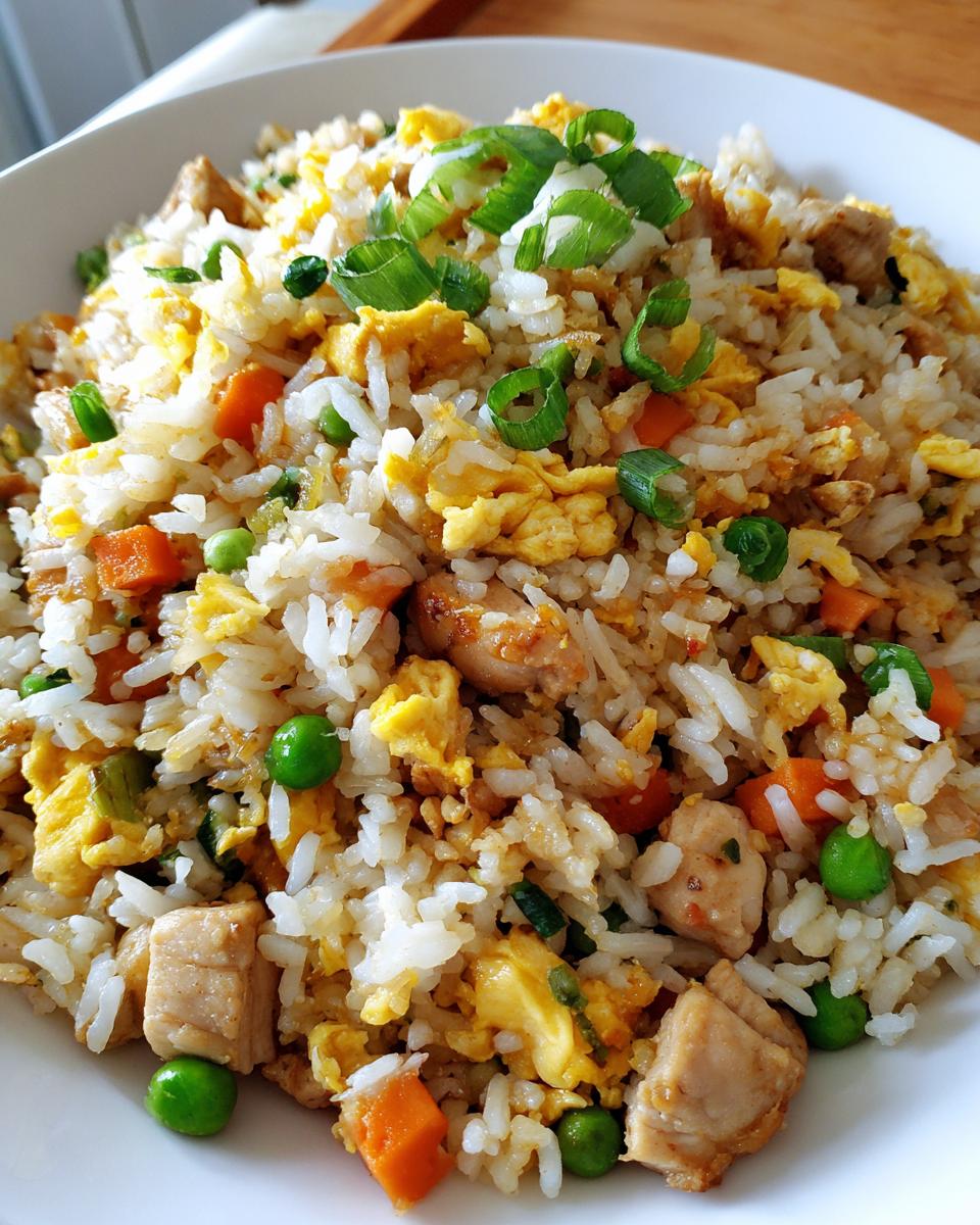Close-up view of a bowl filled with homemade chicken fried rice, featuring scrambled egg, diced chicken, peas, carrots, and green onions.