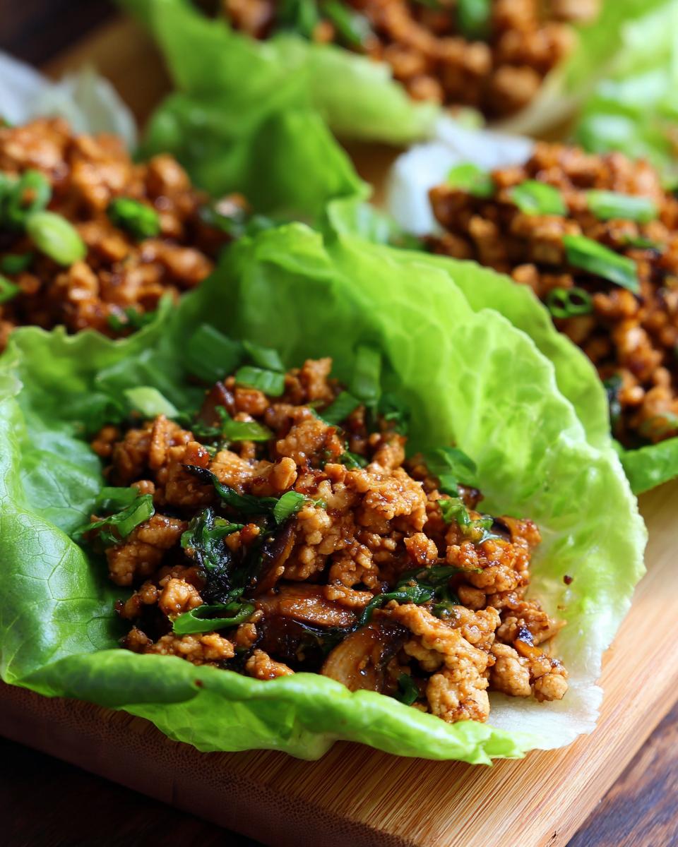 Close-up of delicious chicken lettuce wraps filled with savory ground chicken mixture and topped with green onions.