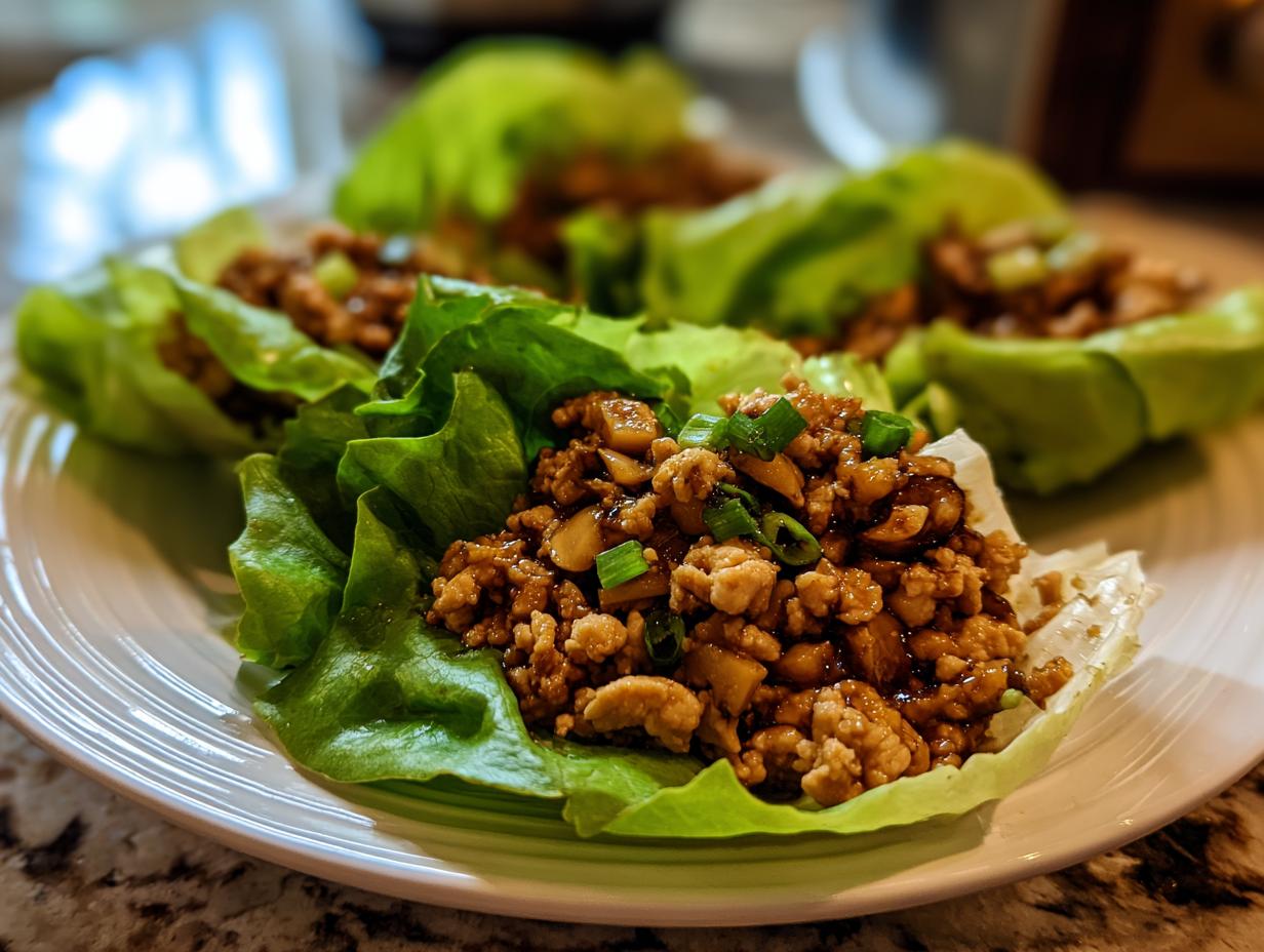 Close-up of several fresh chicken lettuce wraps filled with savory ground chicken mixture and topped with green onions.