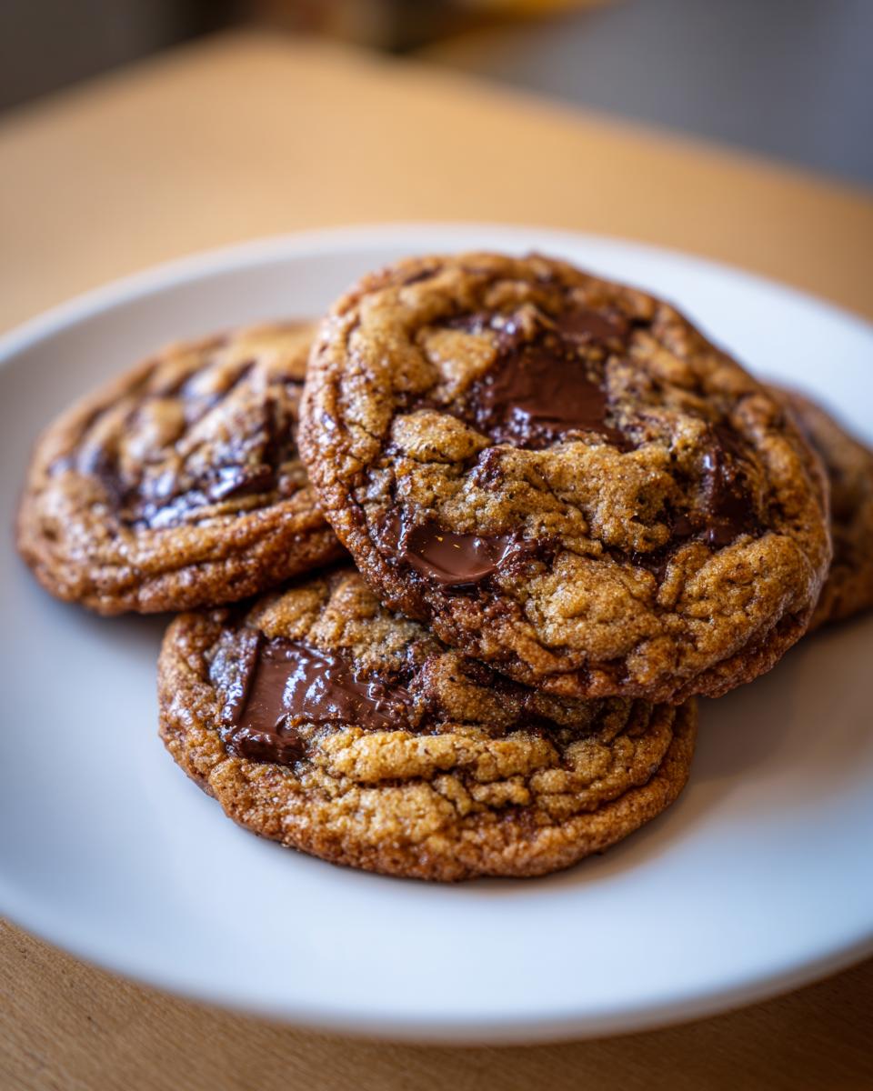 Close-up of several freshly baked chocolate chip cookies with melted chocolate chunks on a white plate.