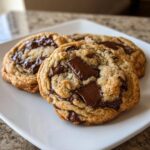 Close-up of three freshly baked, thick chocolate chip cookies with melted chocolate chunks on a white plate.