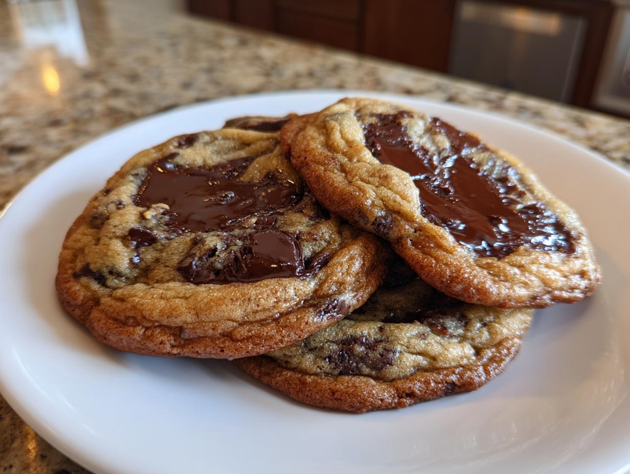 Close-up of three gooey, freshly baked chocolate chip cookies with pools of melted chocolate on a white plate.