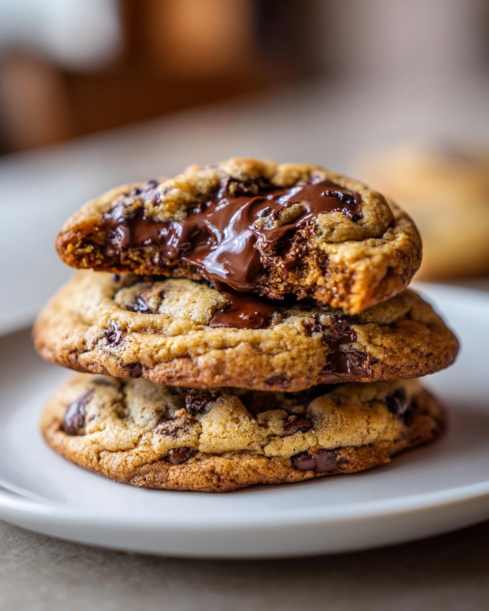 A stack of three thick, chewy chocolate chip cookies, with the top one broken to show melted chocolate.