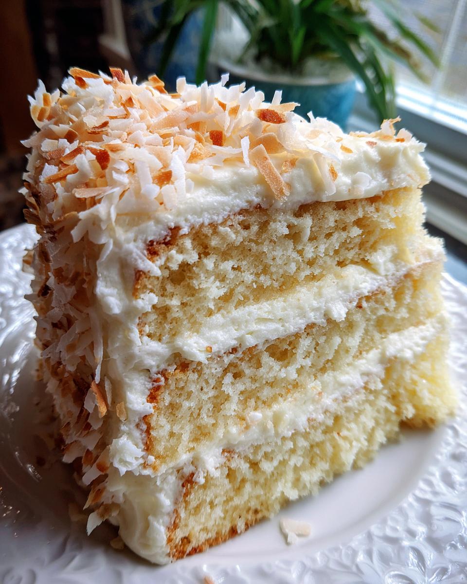 Close-up of a moist slice of coconut cake recipe layered with white frosting and topped with toasted coconut flakes.