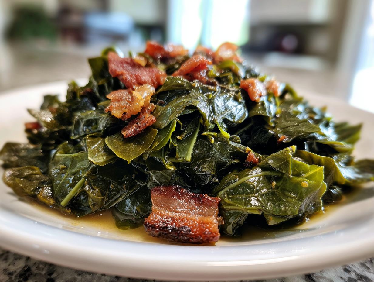 A close-up of a serving of tender, braised collard greens topped with crispy bacon pieces on a white plate.