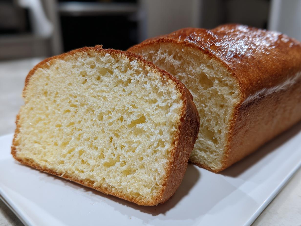 Close-up of a freshly baked, glossy loaf of condensed milk bread with one thick slice cut, showing the soft, fluffy interior.