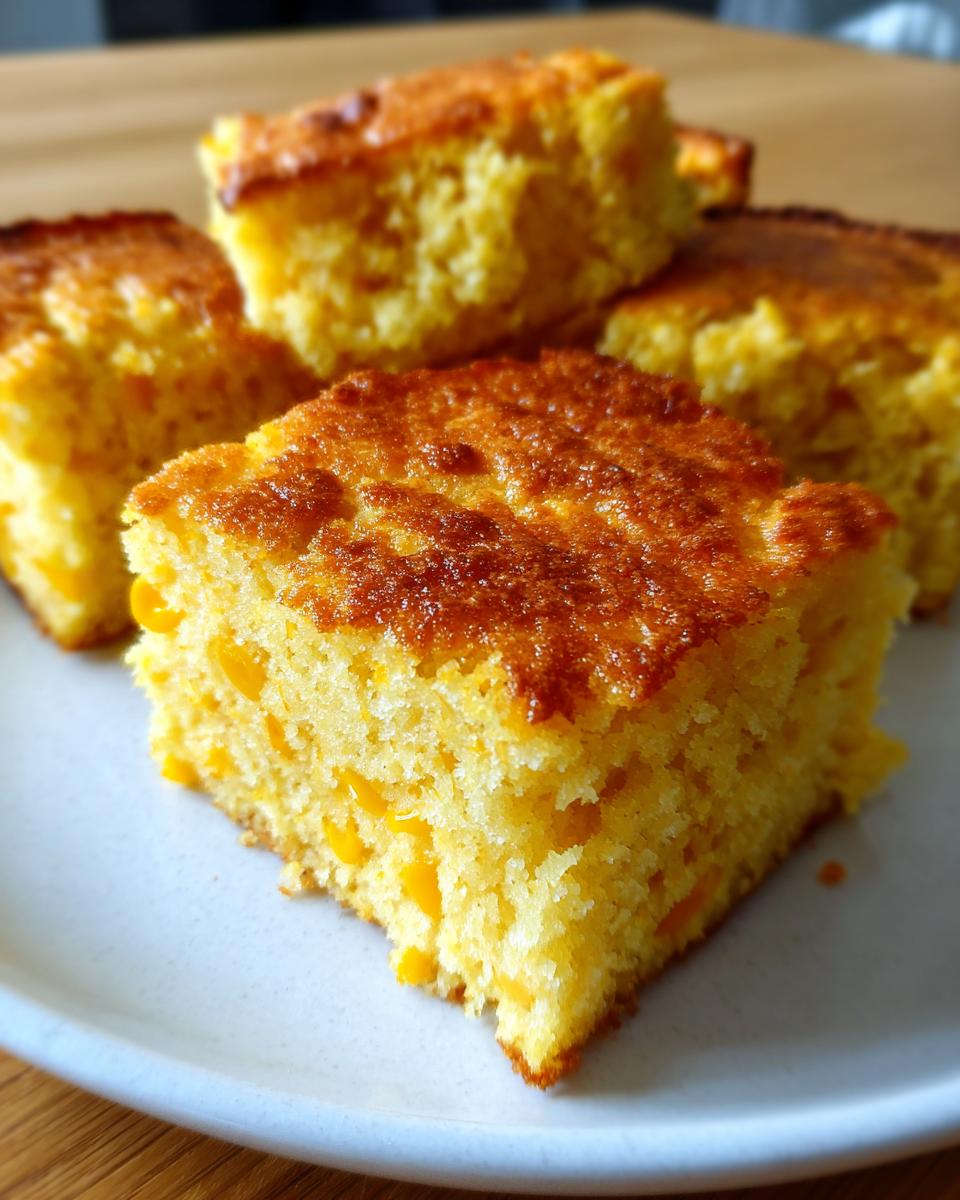 Close-up of several golden squares of moist cornbread casserole with visible corn kernels on a white plate.