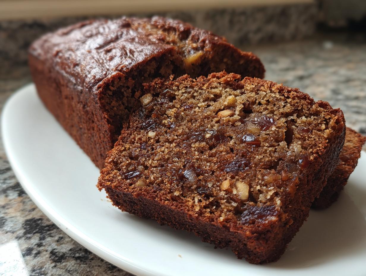 Close-up of a moist slice of amazing date nut bread showing visible dates and nuts throughout the crumb.