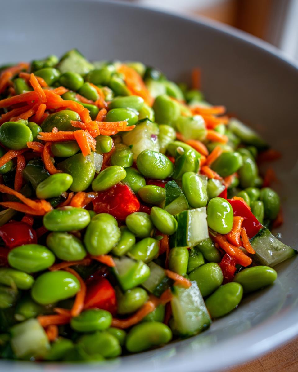 Close-up of a vibrant edamame salad featuring bright green edamame beans, shredded carrots, diced cucumber, and red pepper.