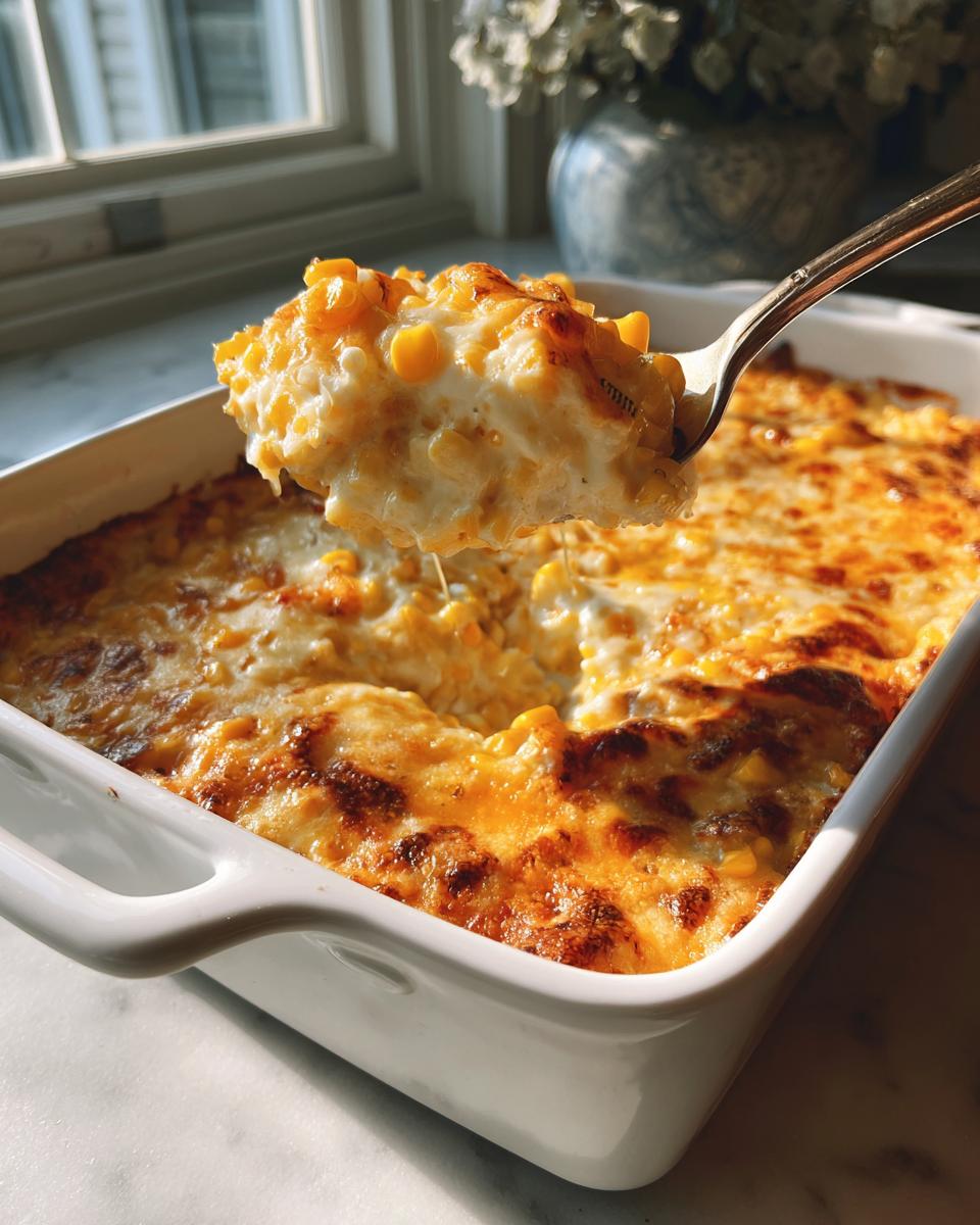 A spoonful of creamy, cheesy elote dip being lifted from a white baking dish with a golden-brown, bubbly top.