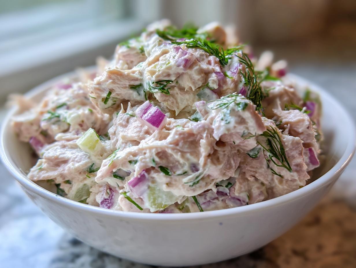 Close-up of a white bowl filled with amazing healthy tuna salad mixed with red onion and topped with fresh dill.