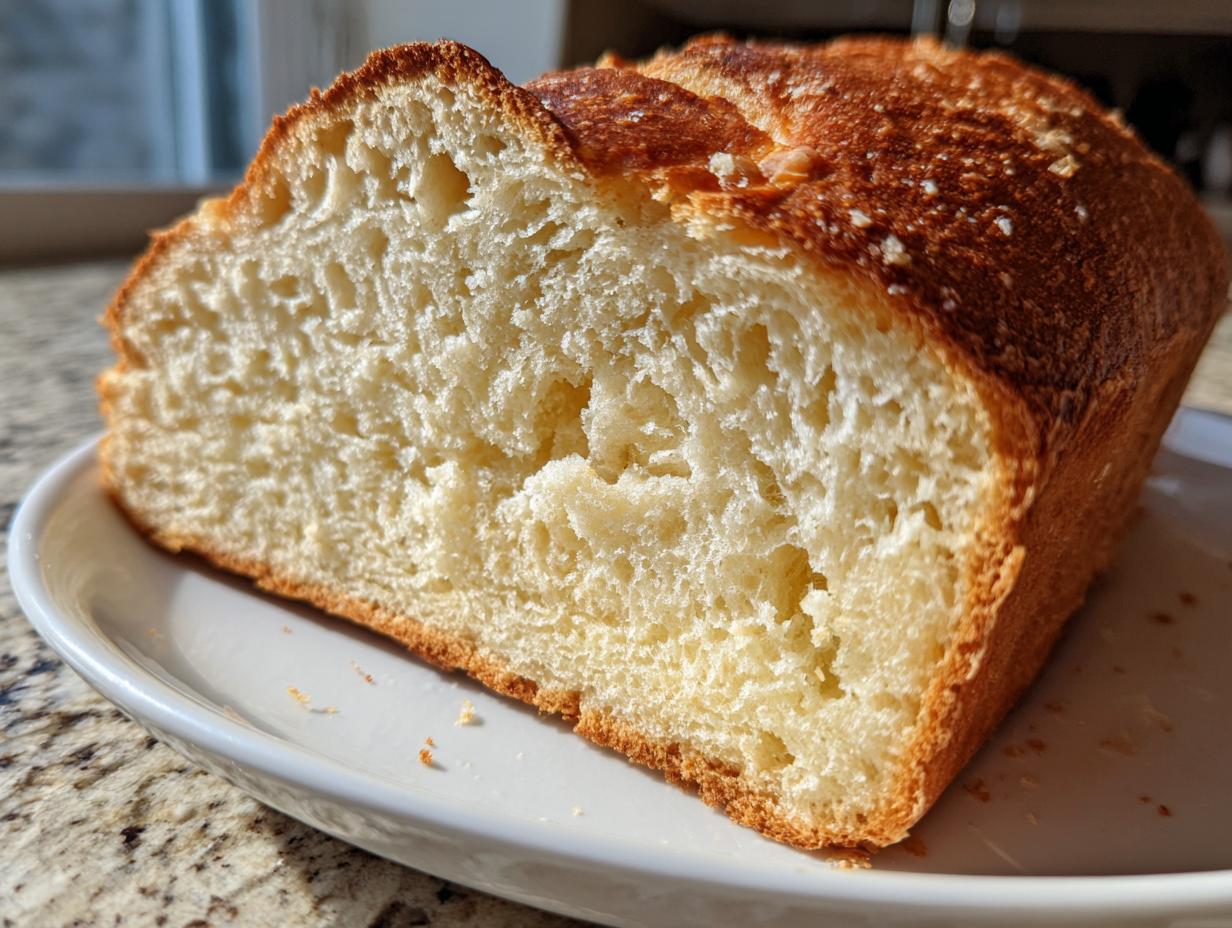 Close-up of a loaf of amazing italian bread, showing the soft, airy interior crumb and golden-brown crust.