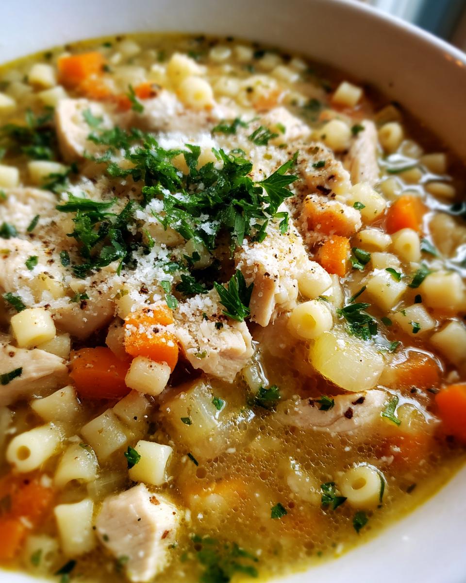 A close-up bowl of amazing italian penicillin soup featuring chicken, ditalini pasta, carrots, and topped with Parmesan cheese and parsley.