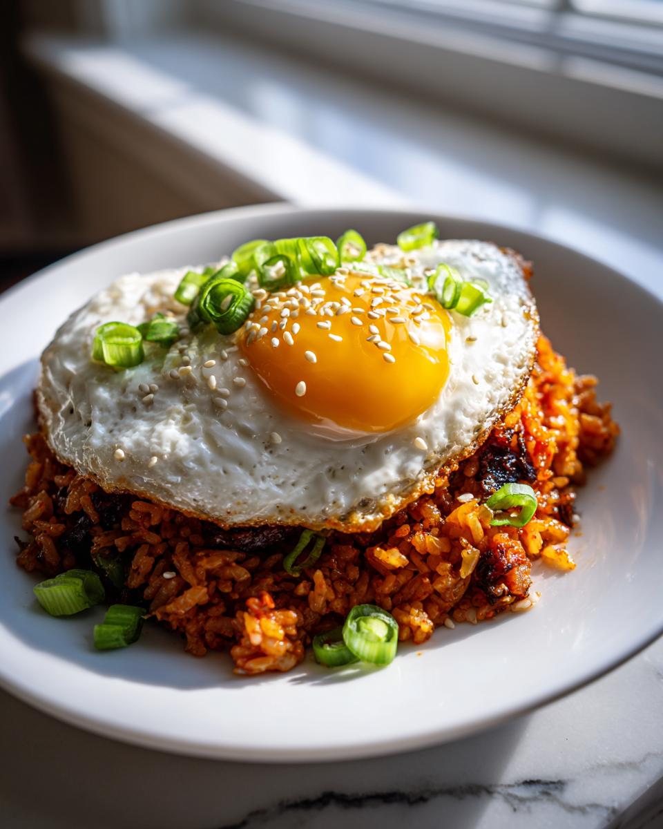 A plate of bright red kimchi fried rice topped with a sunny-side-up egg, sesame seeds, and chopped green onions.