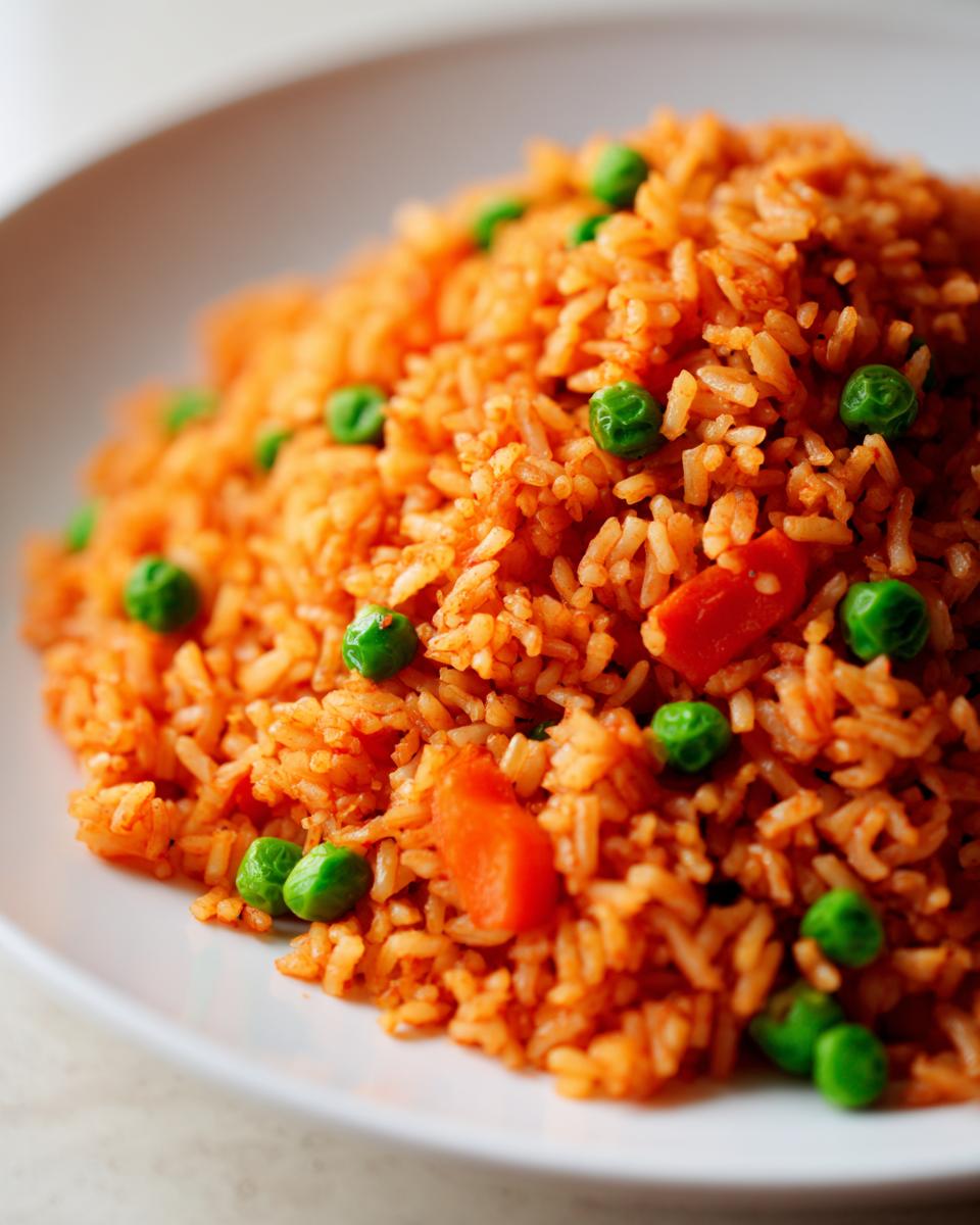 Close-up of a mound of vibrant orange Mexican rice mixed with bright green peas and diced carrots on a white plate.