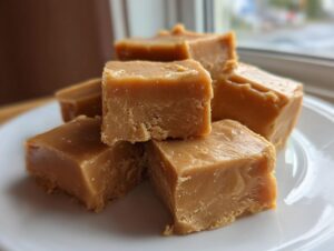 A stack of rich, creamy homemade peanut butter fudge squares resting on a white plate near a window.