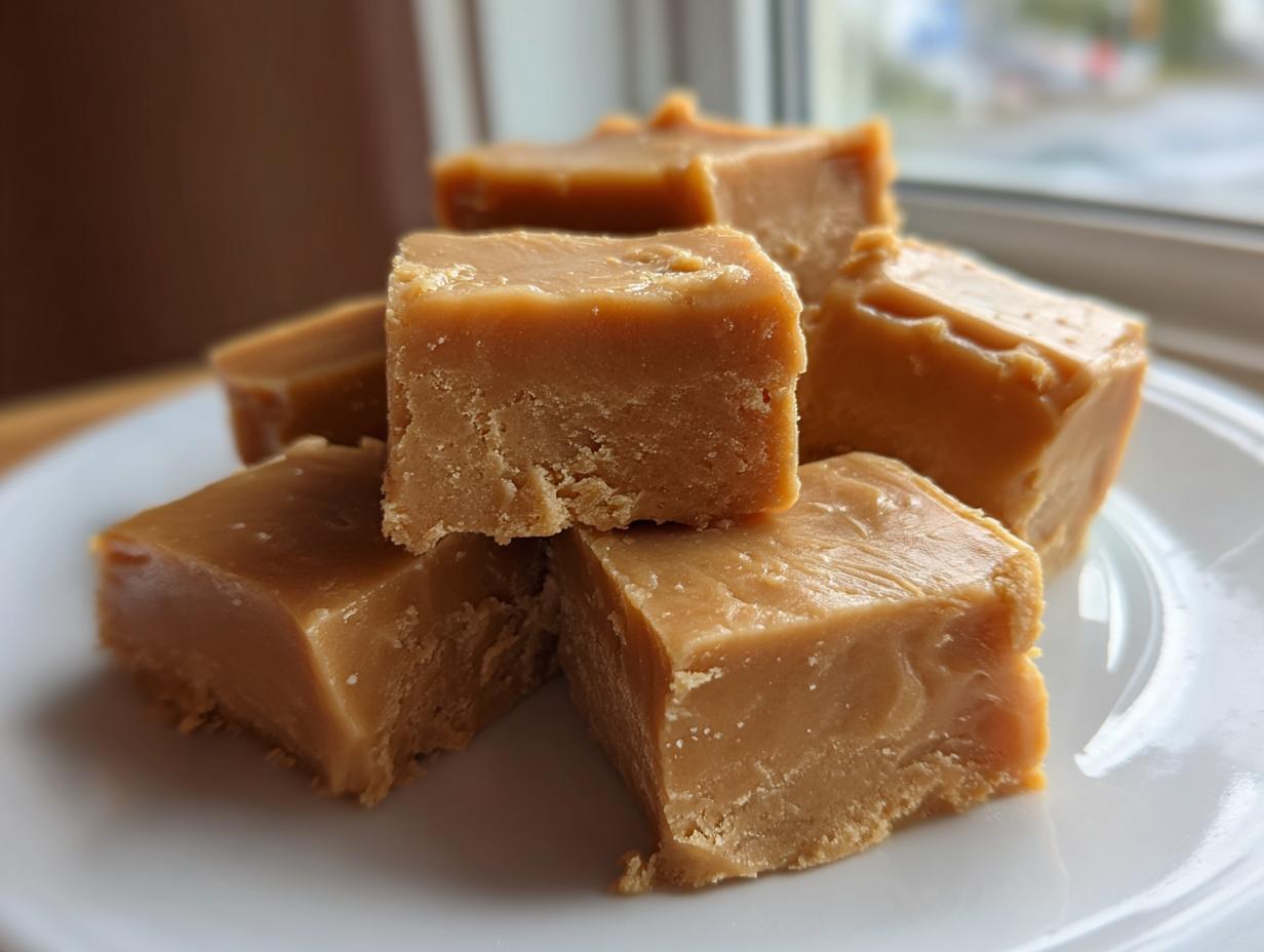 A stack of rich, creamy homemade peanut butter fudge squares resting on a white plate near a window.