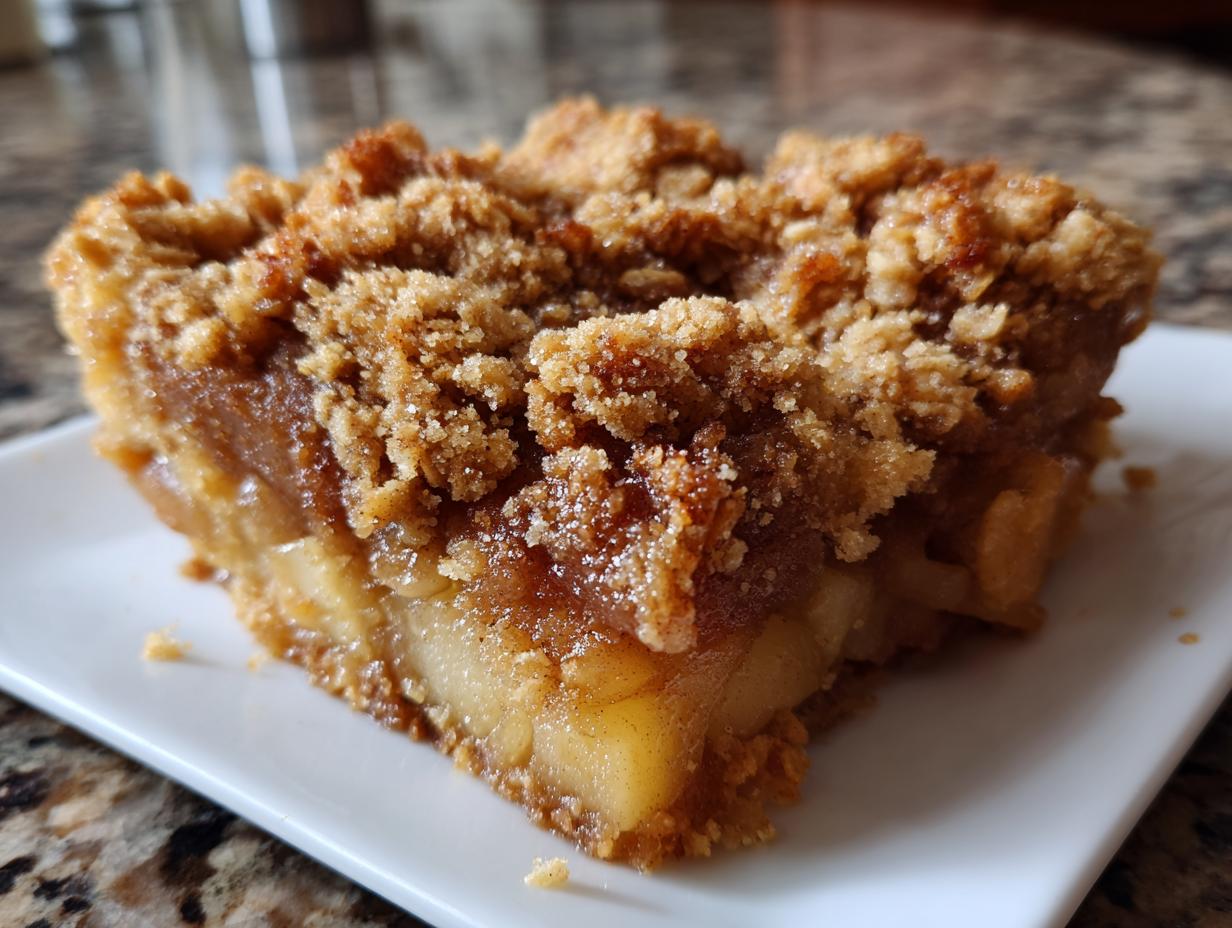 A close-up shot of a thick slice of warm pear crisp with a golden brown, crumbly topping on a white plate.