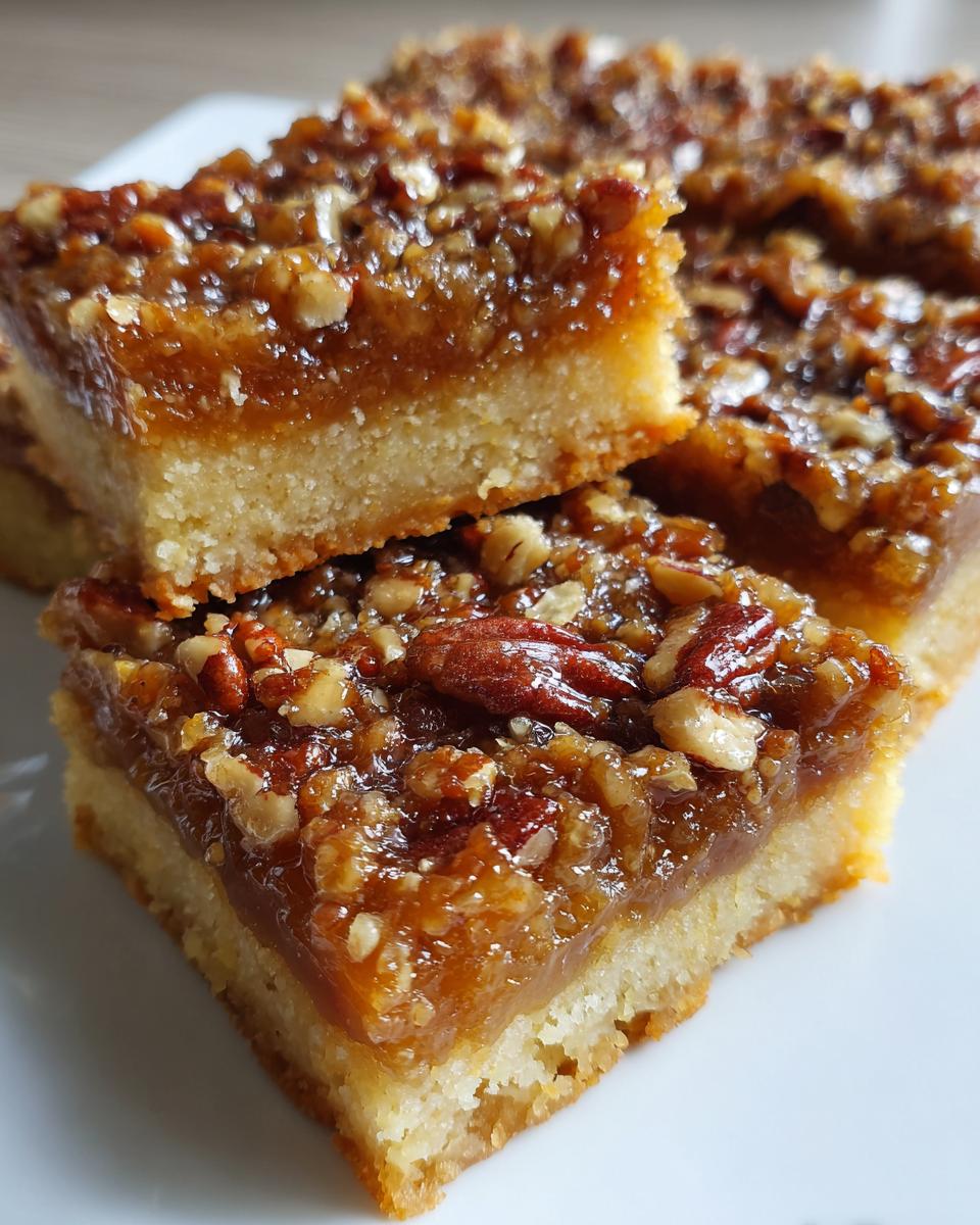 Close-up of stacked, gooey pecan pie bars showing a thick shortbread crust and a rich, shiny pecan topping.